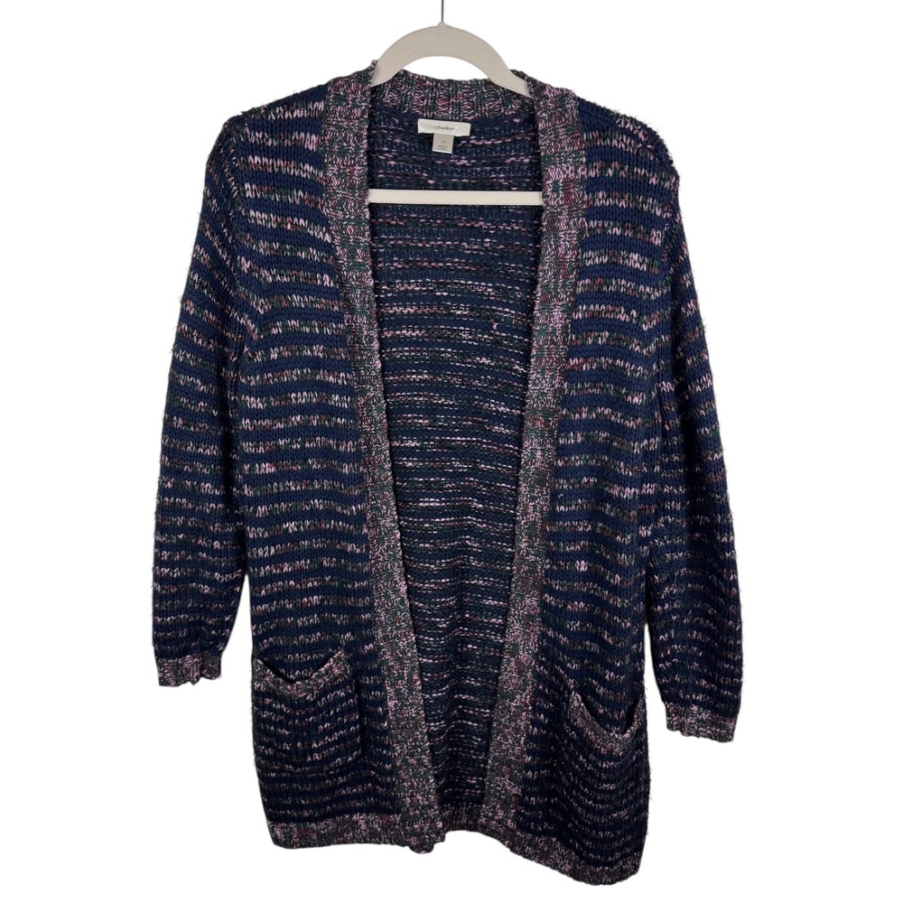 CJ Banks Striped Chunky Knit Cardigan Sweater Size 1X Multicolor Open Front Cozy